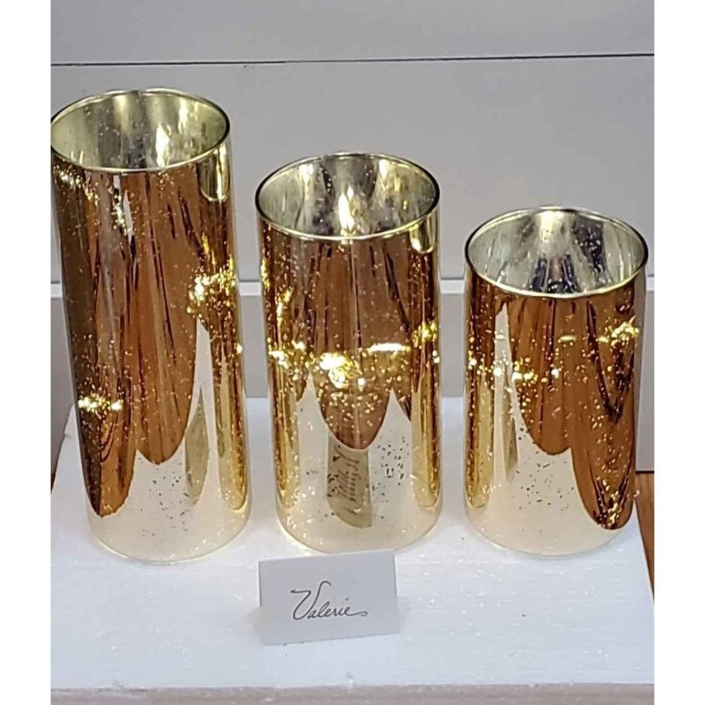 Set of 3 Illuminated Mercury Glass Pillars by Valerie-Gold